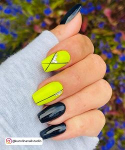 Nails Black And Yellow With Diamonds