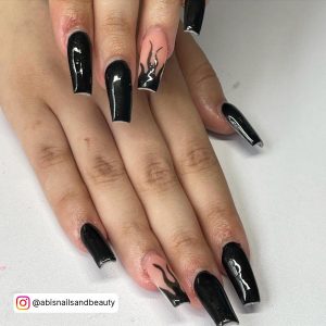 Nails Black Flames In Coffin Shape