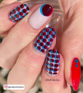 Nails Blue And Red With Dots