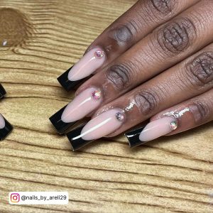Nails Nude And Black With Diamonds