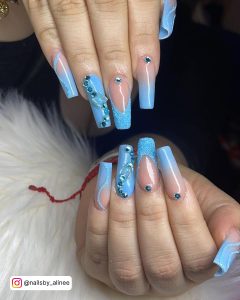 Nails Sky Blue French Tip 1.50 With Diamonds