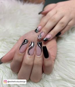Nails With Black Swirls And Silver Line