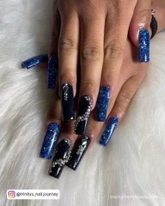 Navy Blue And Black Nail Designs With Diamonds