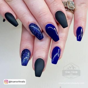 Navy Blue And Black Nails In Coffin Shape
