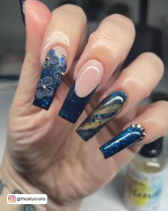 Navy Blue And Rose Gold Nails
