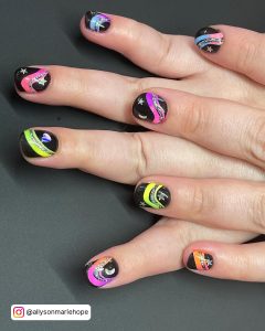 Neon And Black Nails With Swirls