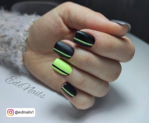 Neon Green Nails With Black In Matte Finish