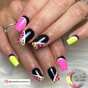 Neon Pink And Black Nail Designs With Yellow Combination