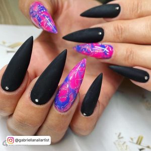 Neon Pink And Black Nails In Stiletto Shape