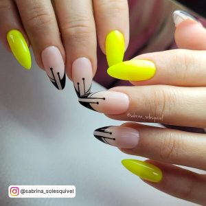 Neon Yellow And Black Nails In Almond Shape