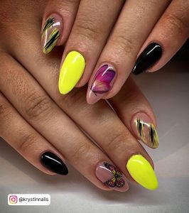 Neon Yellow And Black Nails With Butterflies