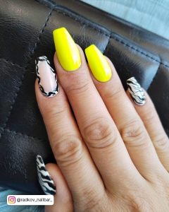 Neon Yellow And Black Nails With Zebra Print