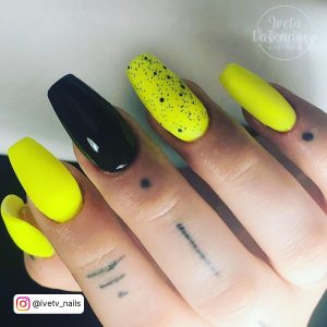 Neon Yellow Nails With Black On Coffin Shape