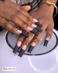 Nude And Black Coffin Nails In French Tip Design