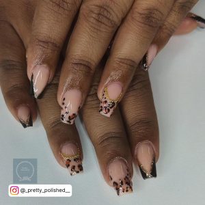 Nude And Black Coffin Nails With Gold And Brown Combination