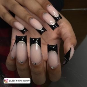 Nude And Black French Nails With Diamonds In Coffin Shape