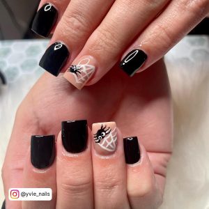 Nude And Black Halloween Nails In Coffin Shape