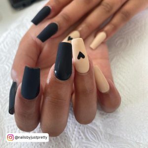 Nude And Black Matte Nails With Heart