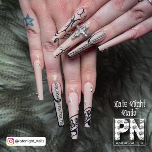 Nude And Black Nail Designs With Embellishments