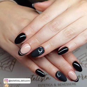 Nude And Black Nail Ideas With Moon