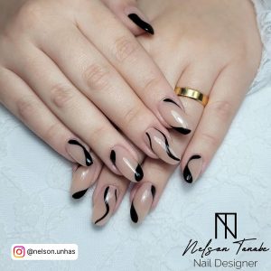 Nude And Black Nail Ideas With Swirls