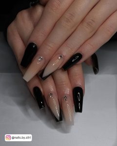 Nude And Black Ombre Nails With Diamonds