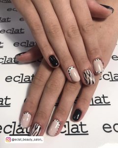 Nude Black And White Nails In Almond Shape