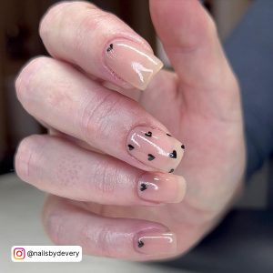 Nude White And Black Nails With Hearts