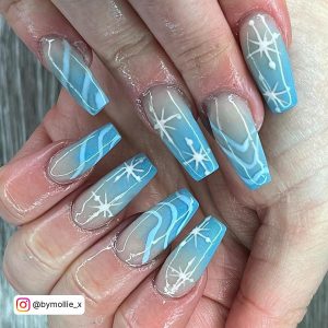 Ombre Blue And White Nails With Swirls