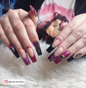 Ombre Coffin Nails With Rhinestones