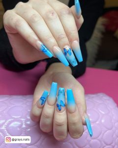 Ombre Light Blue Nails With Butterflies