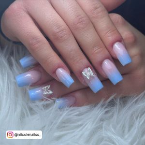 Ombre Light Blue Nails With Butterfly
