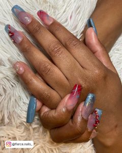 Ombre Red And Blue Nails With Glitter