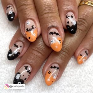 Orange And Black Acrylic Nails With Bats