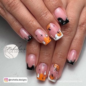 Orange And Black French Tip Nails With Pumpkin And Ghosts