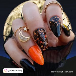 Orange And Black Nail Designs In Stiletto Shape