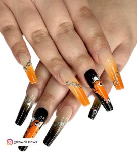 Orange And Black Nails In Coffin Shape For Halloween