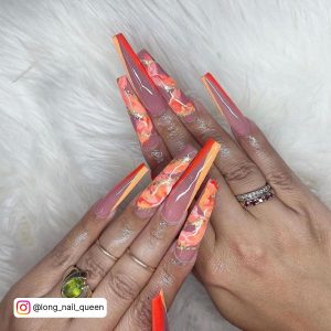 Orange And Gold Coffin Nails