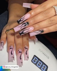 Pink And Black Flame Nails In Coffin Shape