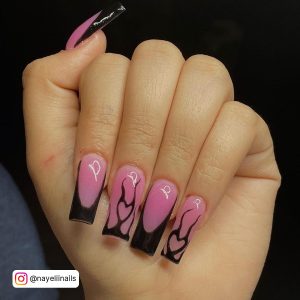 Pink And Black Flame Nails In Coffin Shape