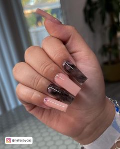 Pink And Black Marble Nails In Coffin Shape
