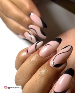 Pink And Black Swirl Nails In Almond Shape