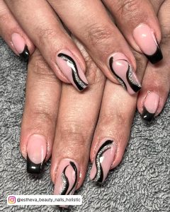 Pink And Black Swirl Nails In Square Shape