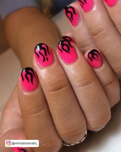 Pink Nails With Black Flames For Short Length