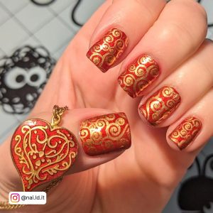 Prom Red And Gold Nails