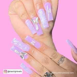 Purple Acrylic Nails With Butterflies