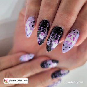 Purple And Black Nail Art With Ghosts And Skeletons