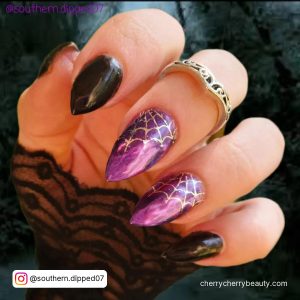 Purple And Black Nails With Cobweb Design On Two Nails