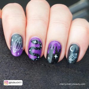 Purple Black And White Nail Designs In Almond Shape