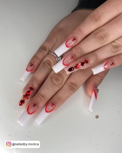 Red Acrylic Nails Coffin With Rhinestones